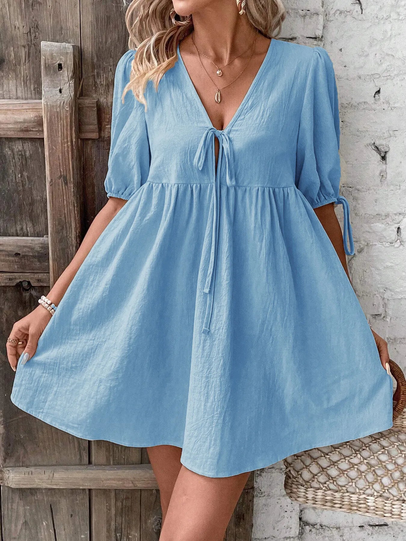 V-Neck Puff Sleeves Mini Dress -