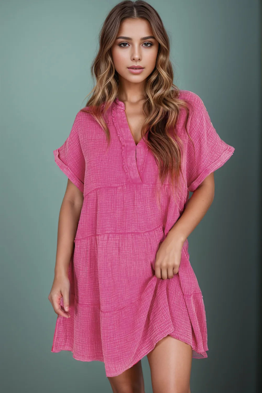 Tiered Notched Short Sleeve Dress - Pink