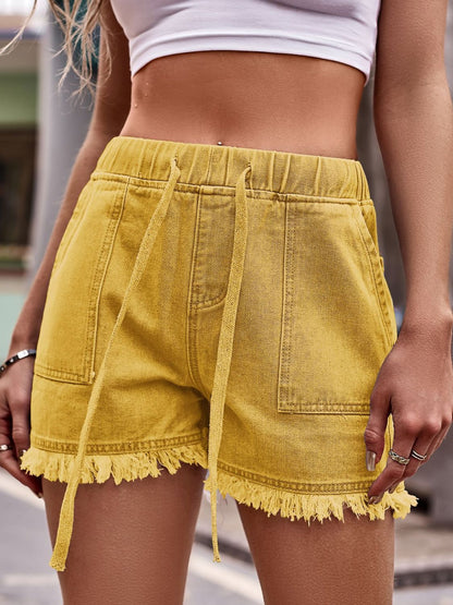 Drawstring Raw Hem Denim Shorts - Mustard