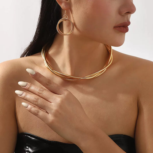Multi-Layered Earrings and Necklace Jewelry Set - Gold One Size