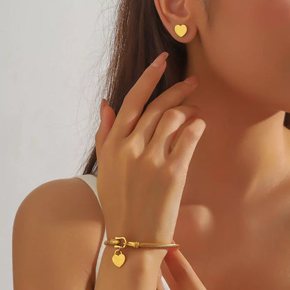 Heart Earrings and Bracelet Jewelry Set - Gold One Size