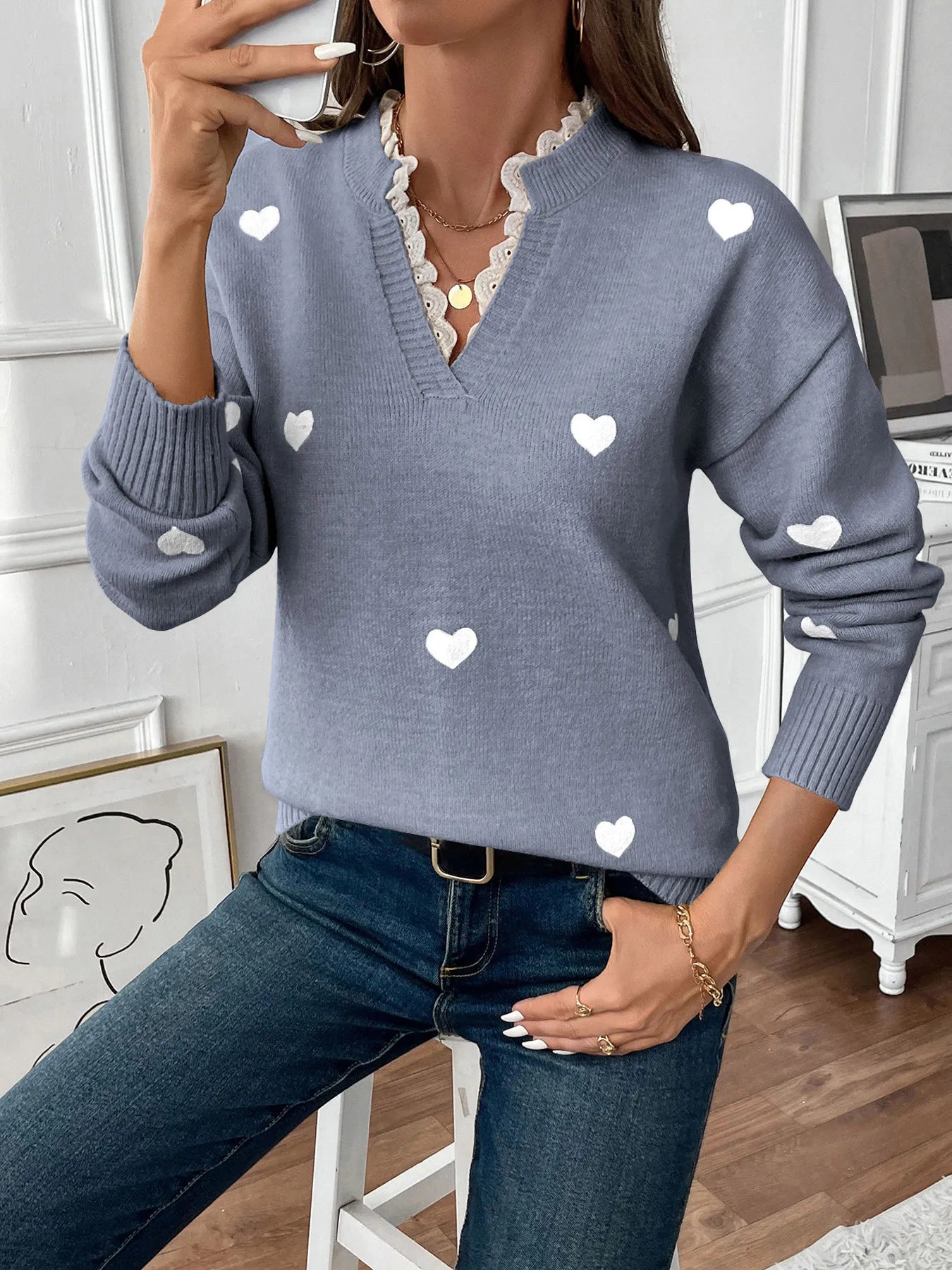 Heart V-Neck Long Sleeve Sweater -
