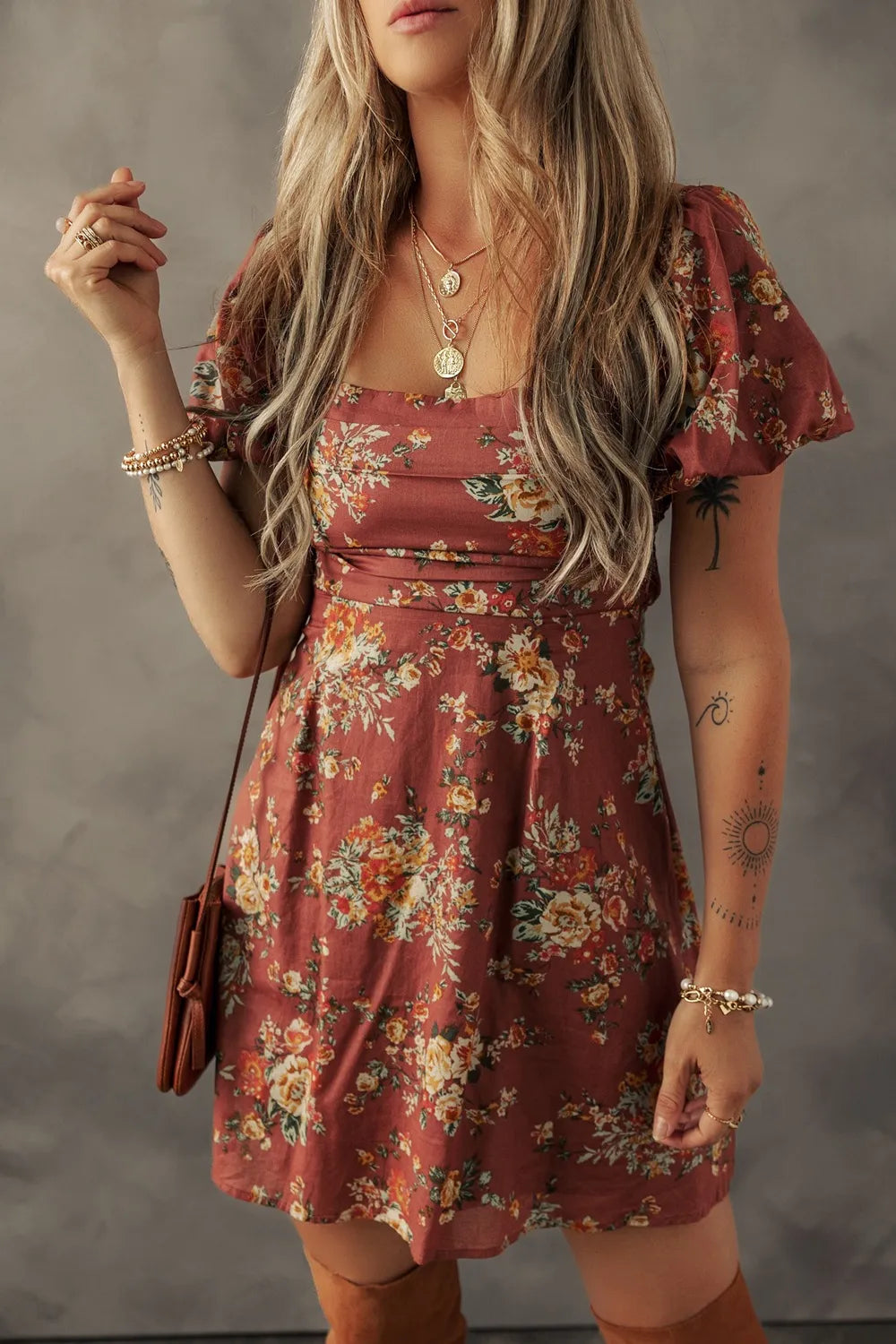 Floral Puff Sleeve Knot Open Back Mini Dress - Caramel