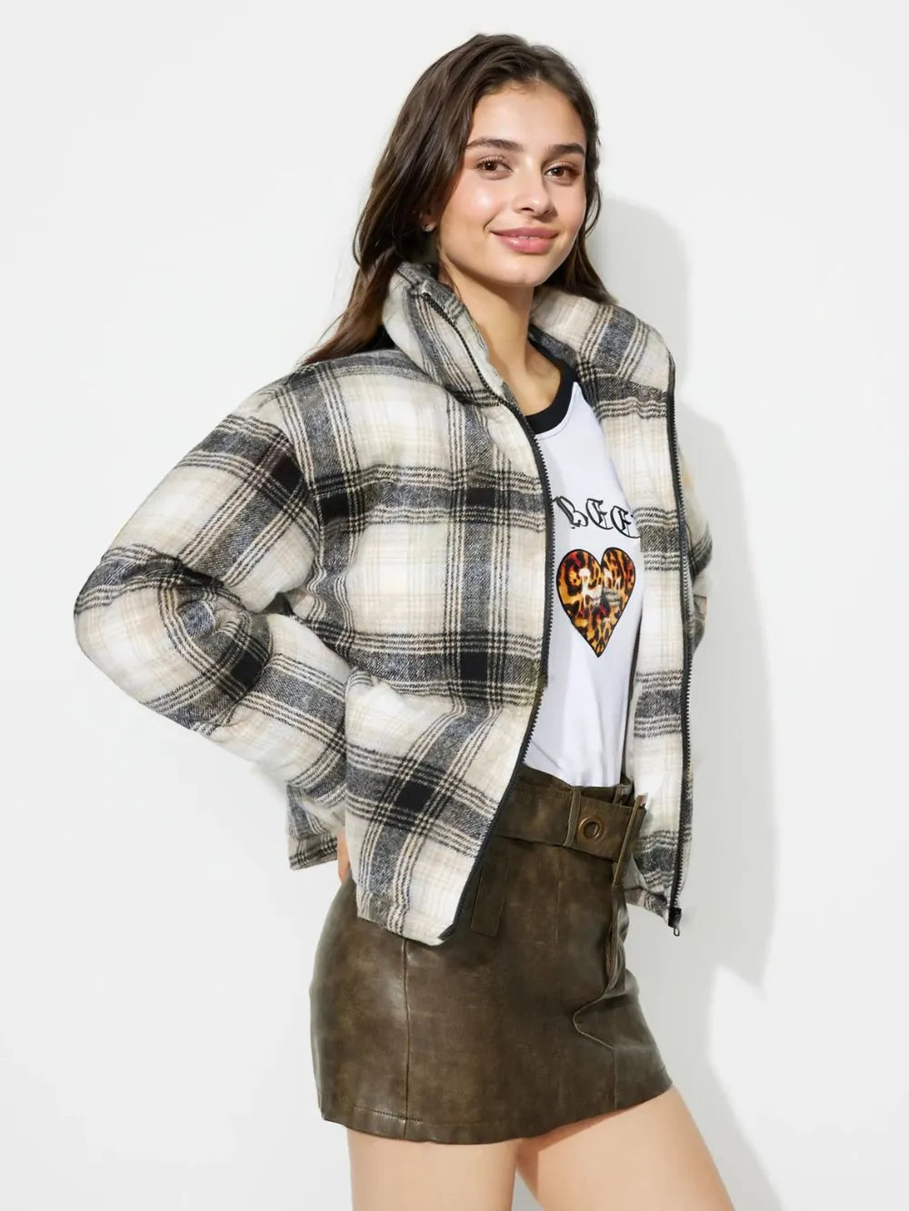 Plaid Zip Up Long Sleeve Jacket - Gray