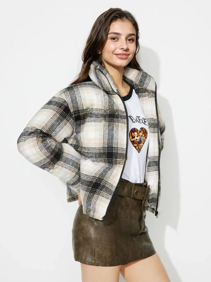 Plaid Zip Up Long Sleeve Jacket - Gray