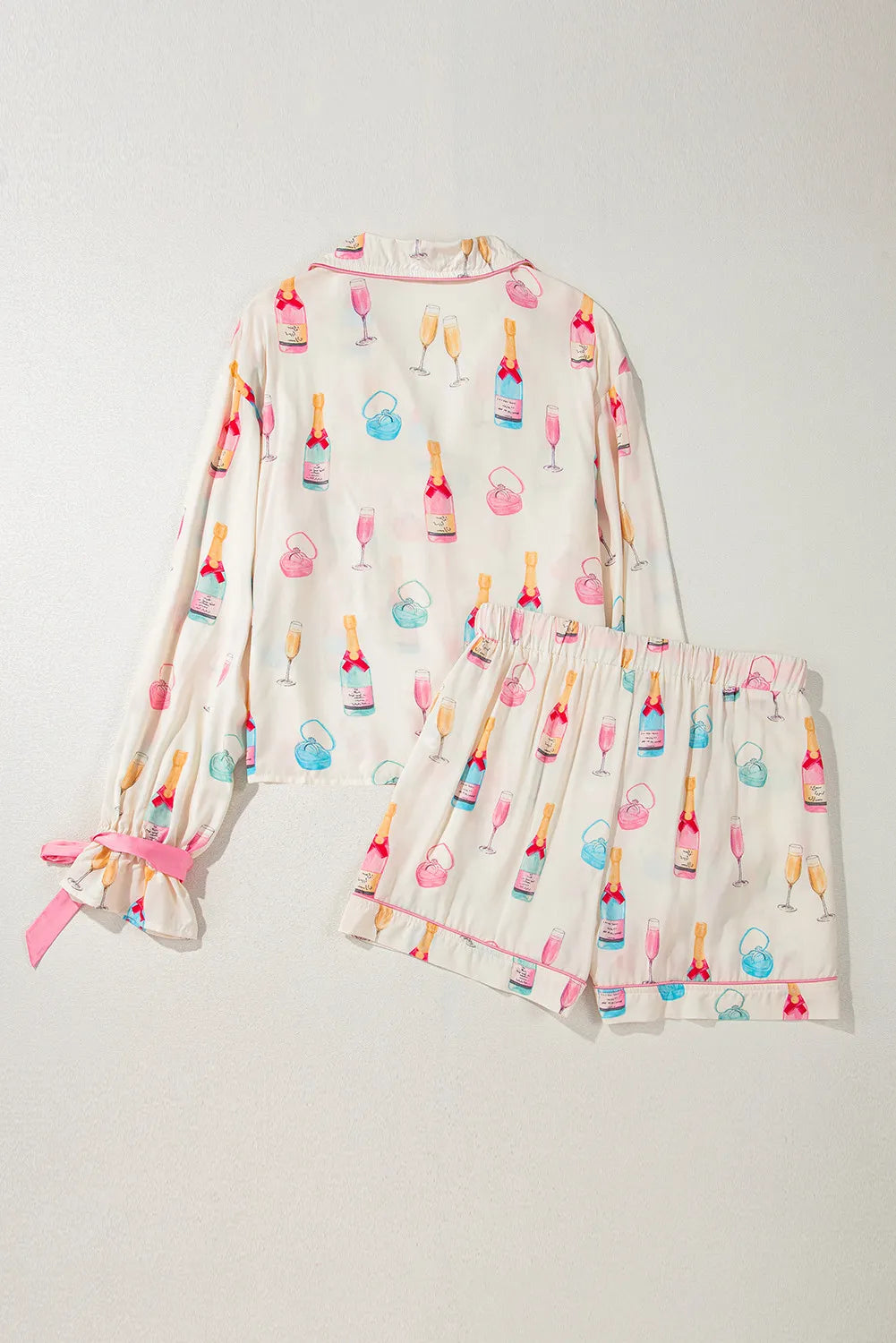 Bow Printed Collared Neck Top and Shorts Lounge Set -