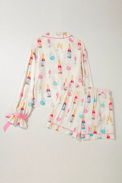 Bow Printed Collared Neck Top and Shorts Lounge Set -