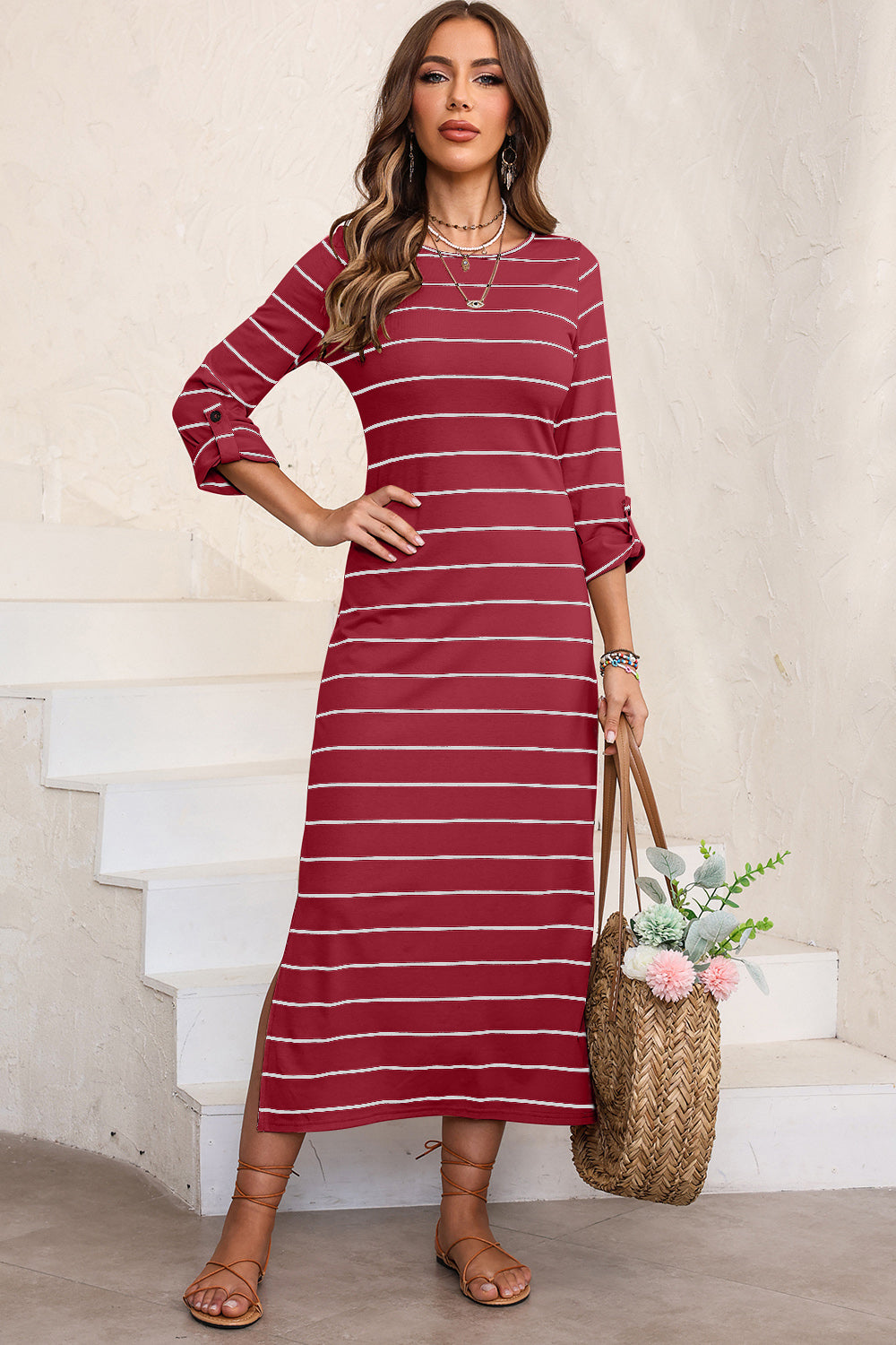 Slit Striped Round Neck Midi Dress - Deep Red