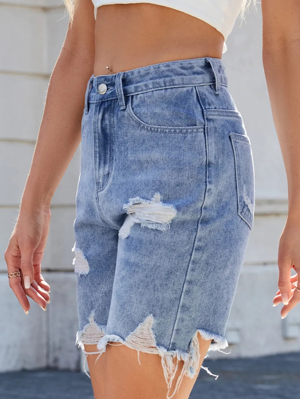 Distressed Raw Hem Denim Shorts -