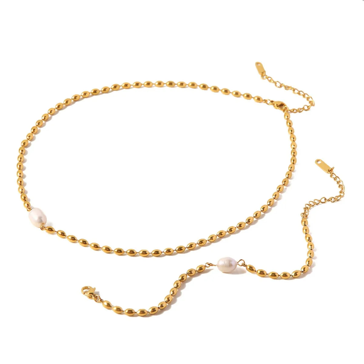 Pearl and Gold Chain Jewelry Set with Necklace and Bracelet -