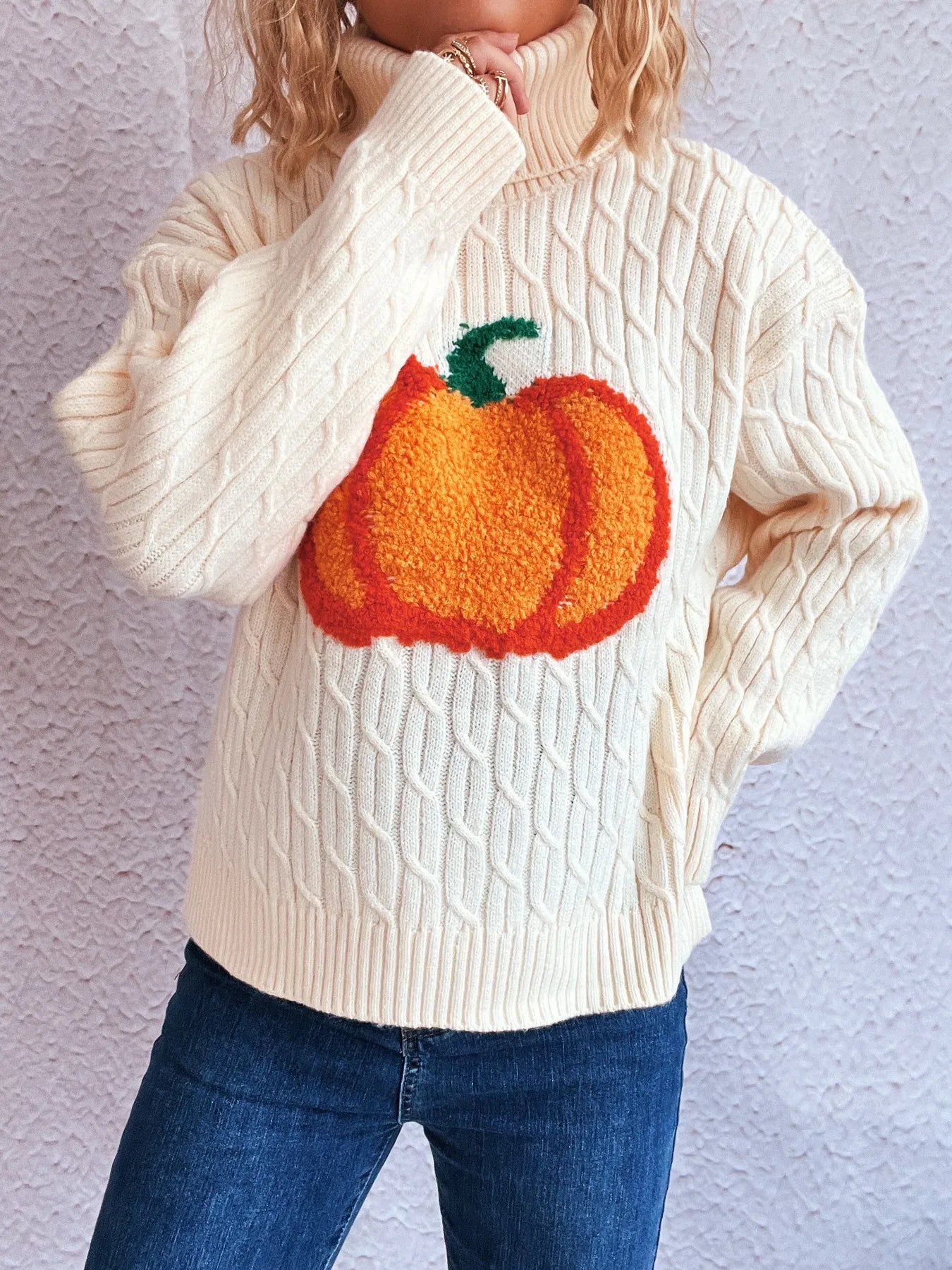 Pumpkin Turtleneck Long Sleeve Sweater - White One Size