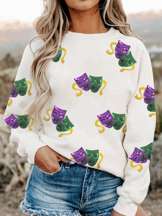 Sequin Round Neck Long Sleeve Sweatshirt - White
