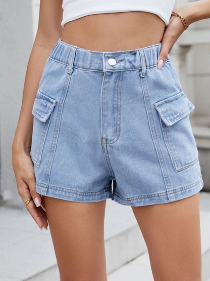 High Waist Cargo Denim Shorts -