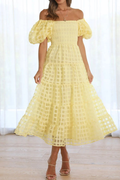Off Shoulder Short Puff Sleeve Midi Dress - Yellow