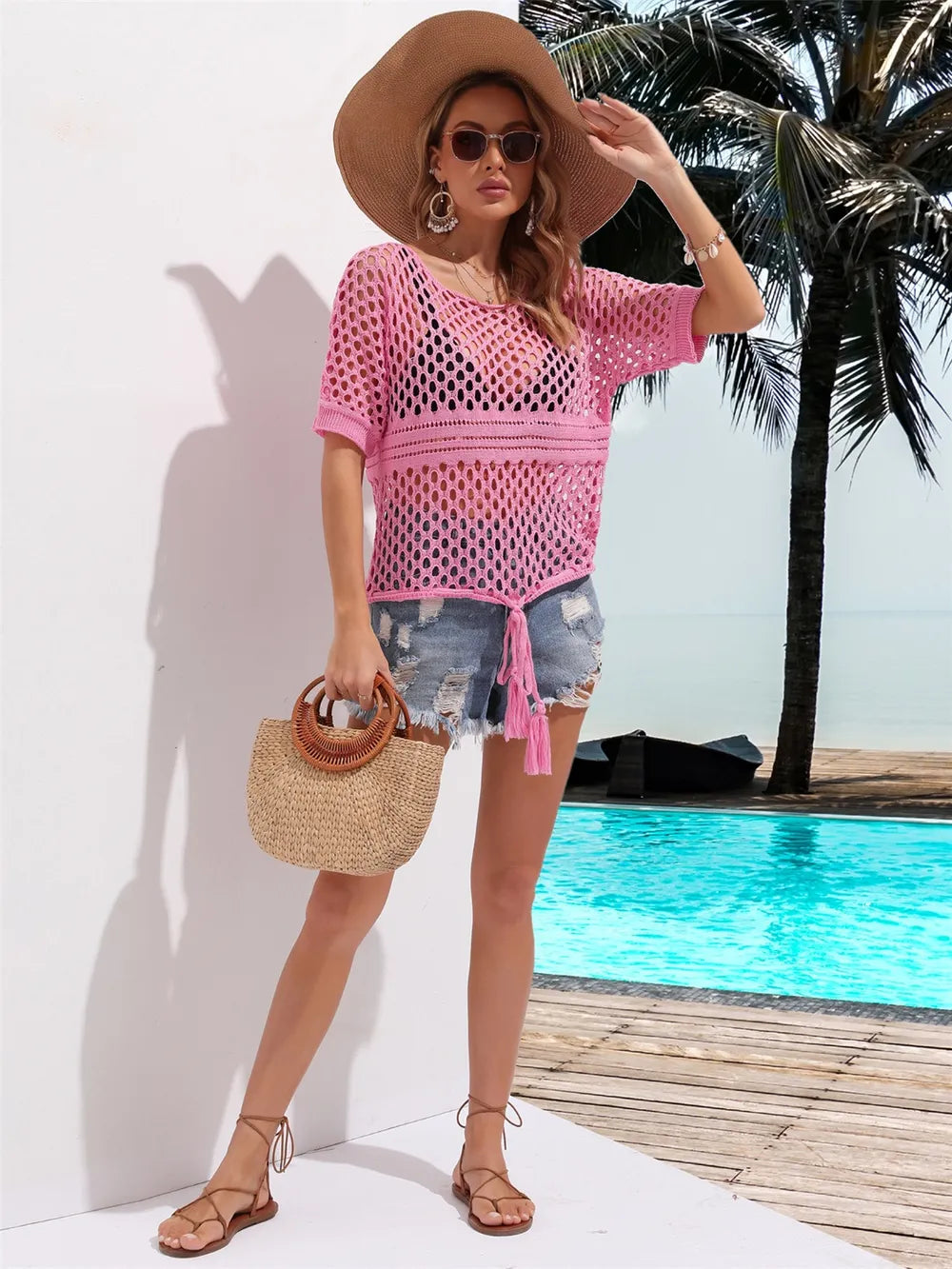 Cutout Round Neck Short Sleeve Cover Up - Hot Pink