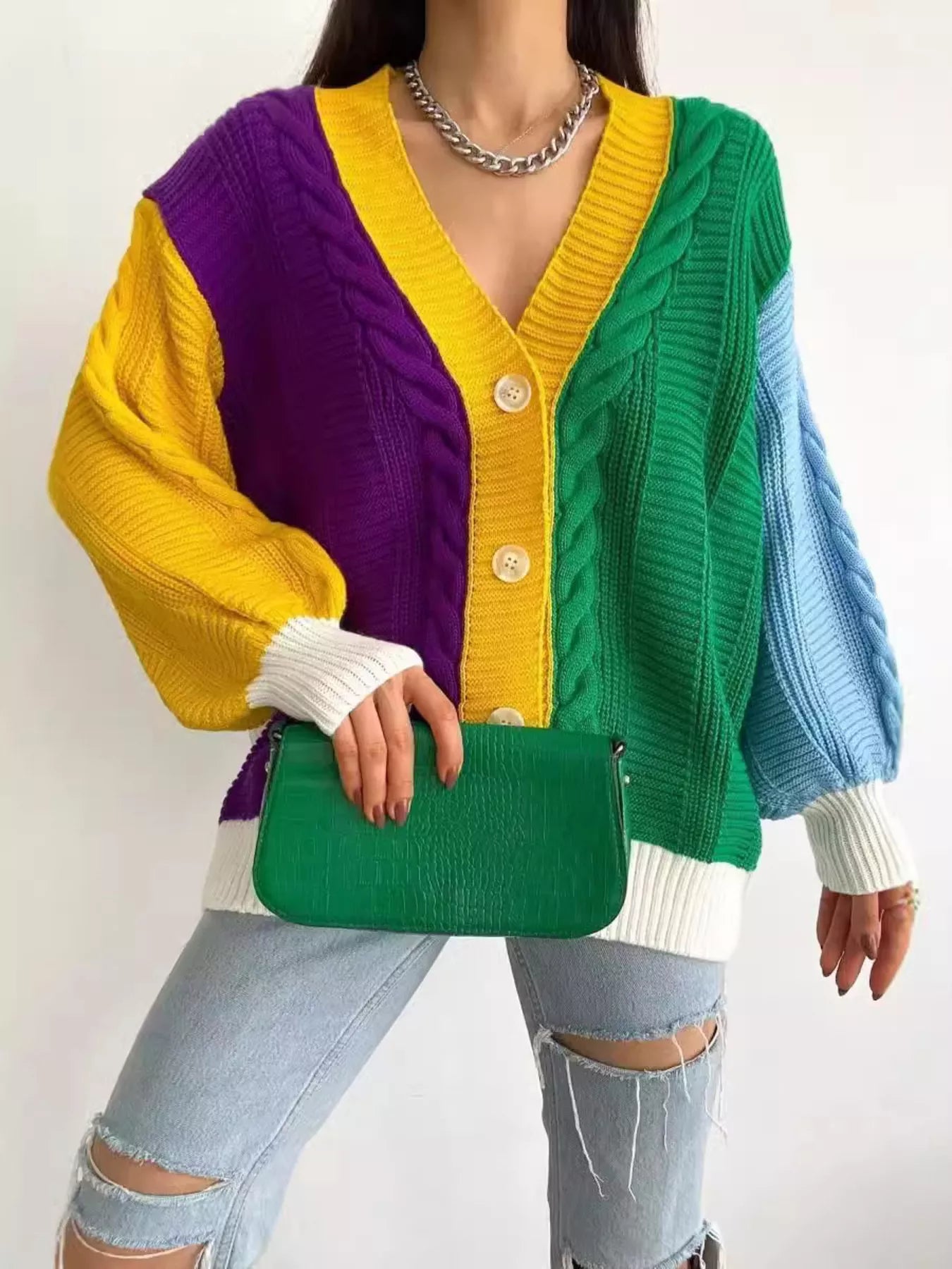Color Block Button Down Cable-Knit Cardigan -