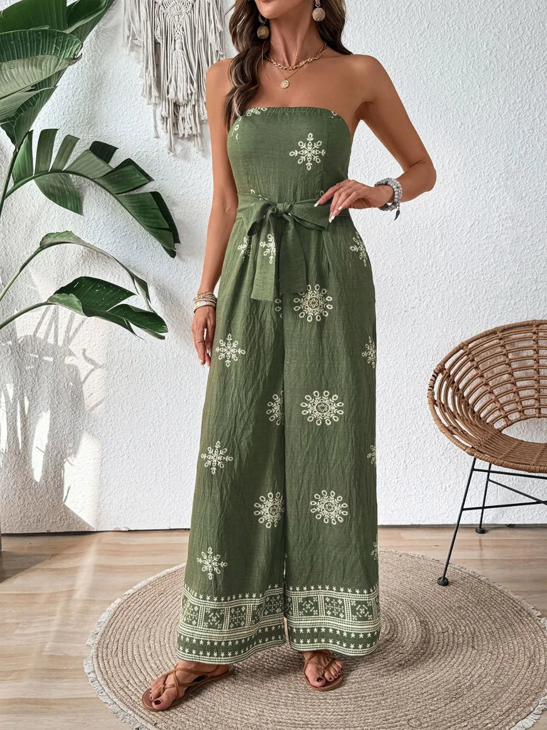 Printed Wide Leg Tube Jumpsuit -