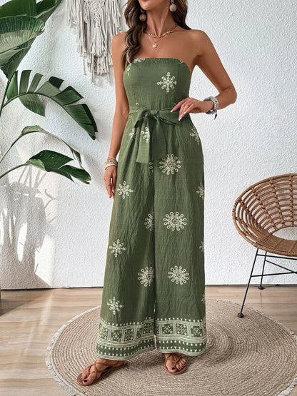 Printed Wide Leg Tube Jumpsuit -