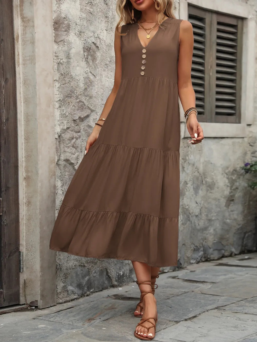 Decorative Button Notched Sleeveless Dress -