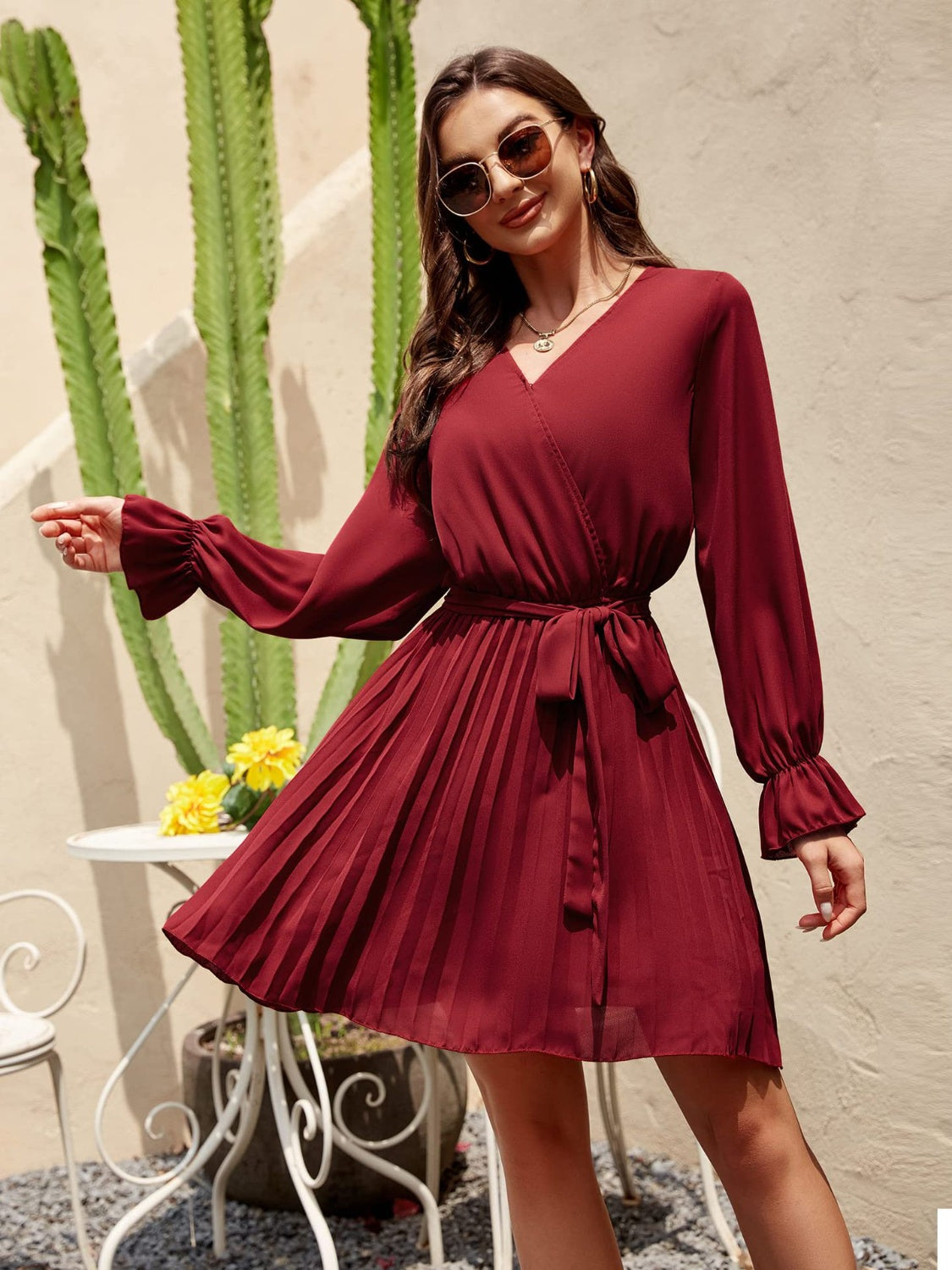 Surplice Flounce Sleeve Pleated Mini Dress - Wine