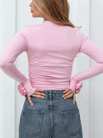 Flower Round Neck Long Sleeve T-Shirt - Blush Pink