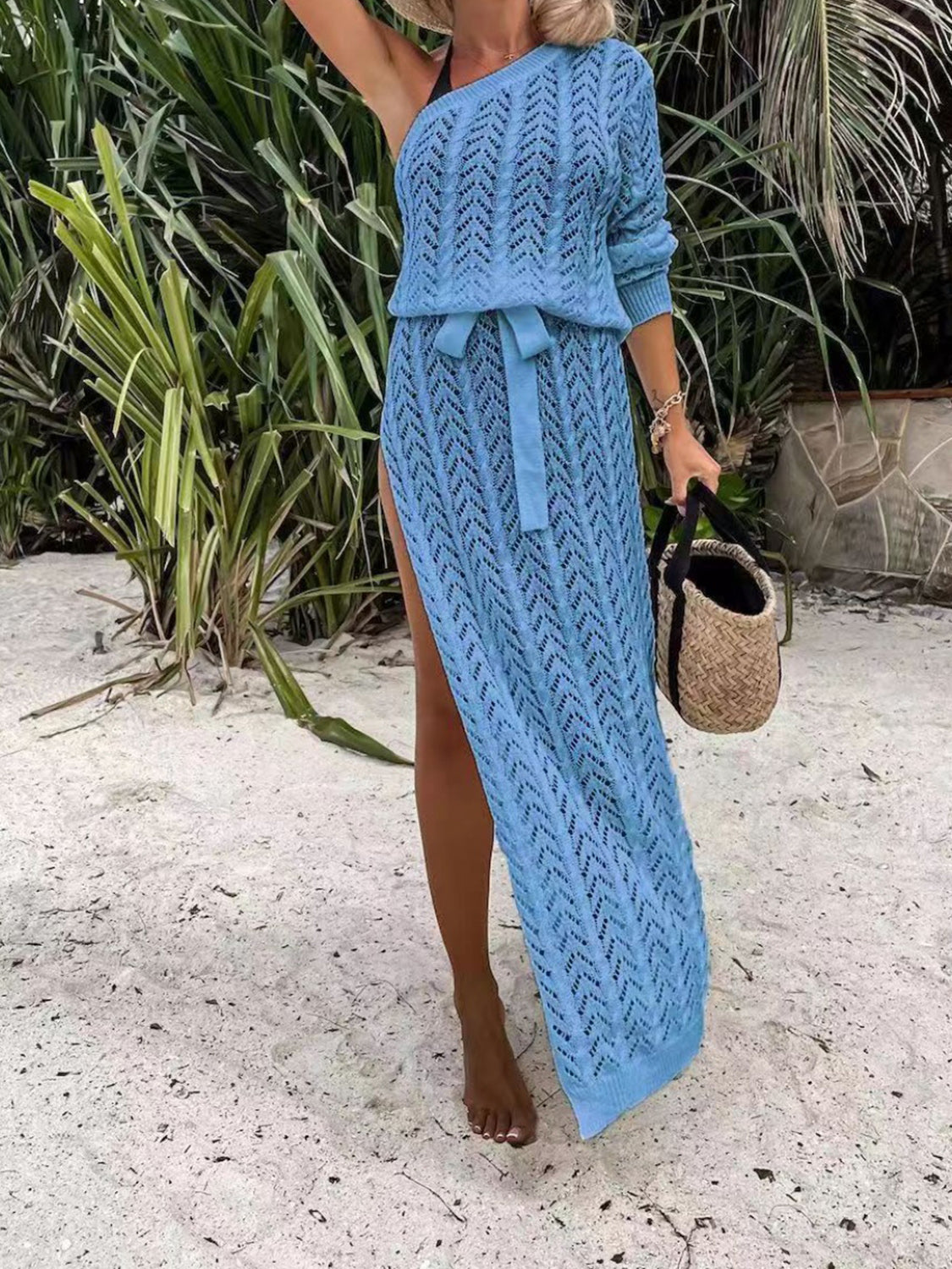 Slit Openwork Single Shoulder Knit Cover-Up Dress