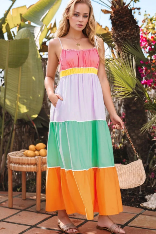 Color Block Flowy Tiered Maxi Dress - Multicolor