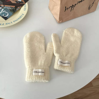 Warm Plush Knitted Mitten Gloves - Beige One Size