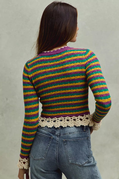 Mardi Gras Striped Cropped Knit Top -