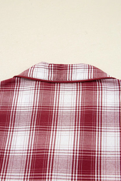 Plaid Long Sleeve Shirt and Drawstring Shorts Lounge Set -