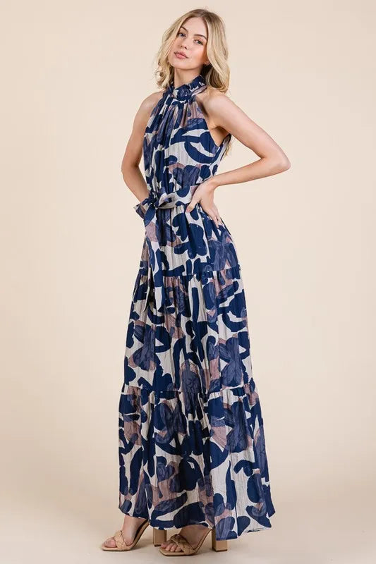 Abstract Halter Neck Tie-Waist Maxi Dress -