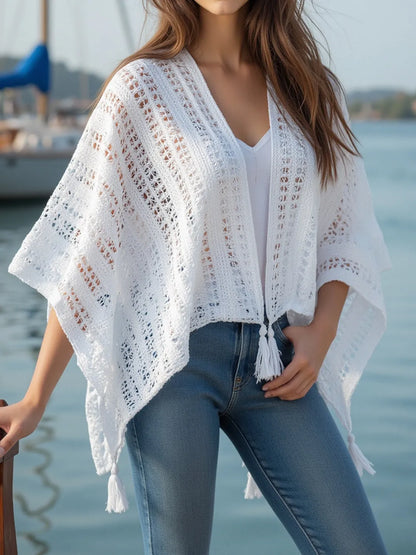 Openwork Tassel Open Front Knit Cover-Up - White One Size