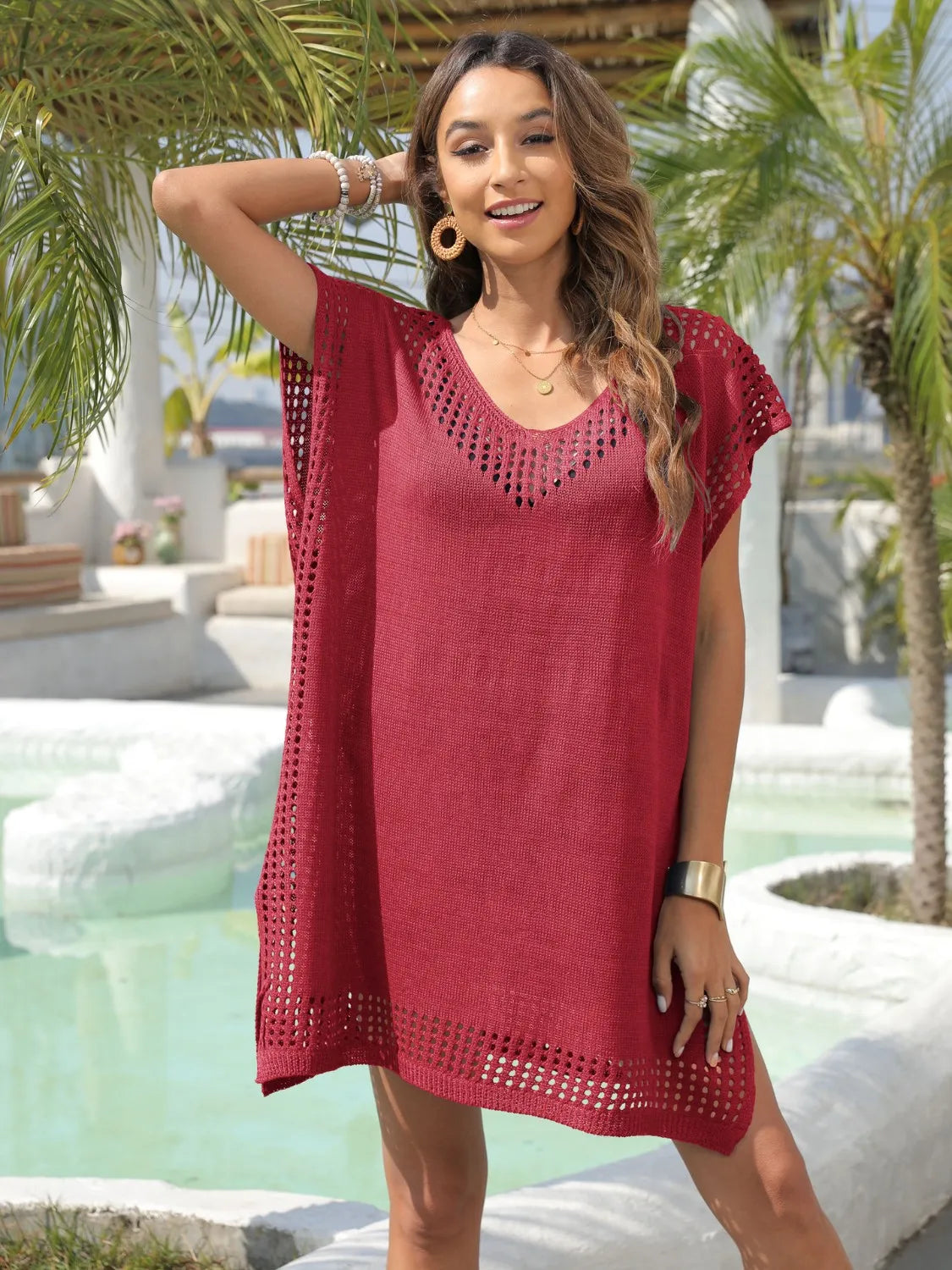 Crochet Trim Beach Cover-Up Dress - Red One Size