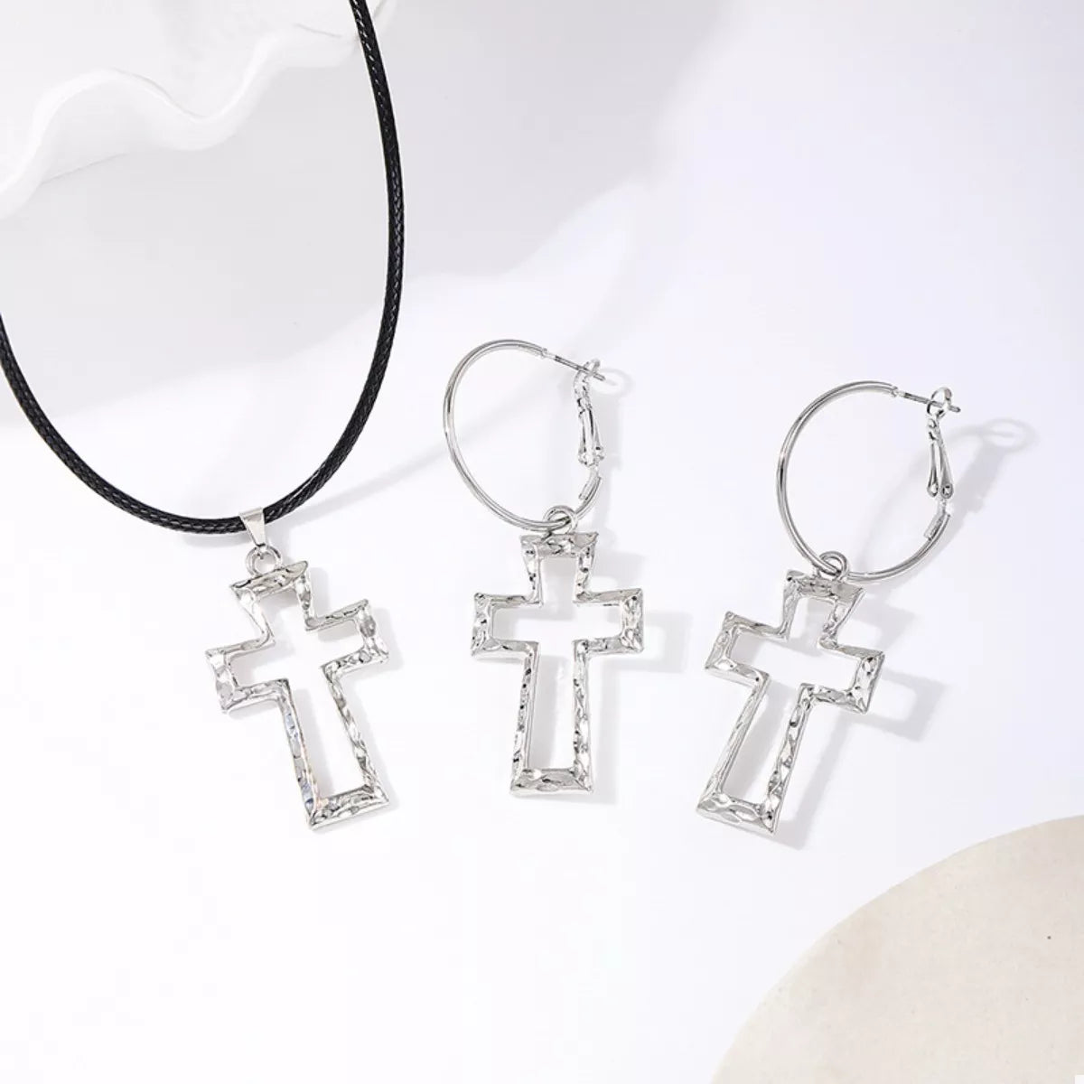 Cross Pendant Necklace and Hoop Earrings Jewelry Set - Silver One Size