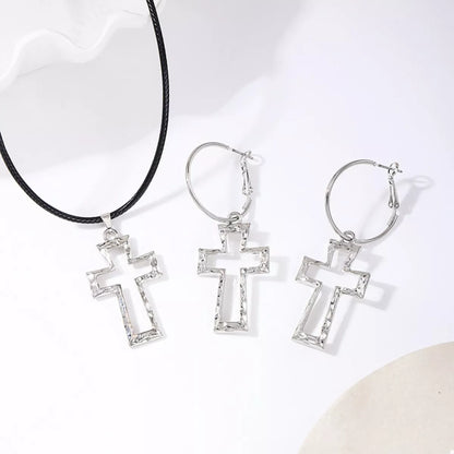 Cross Pendant Necklace and Hoop Earrings Jewelry Set - Silver One Size