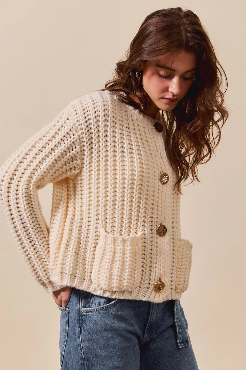 Metal Button Long Sleeve Chunky Sweater Cardigan - Cream