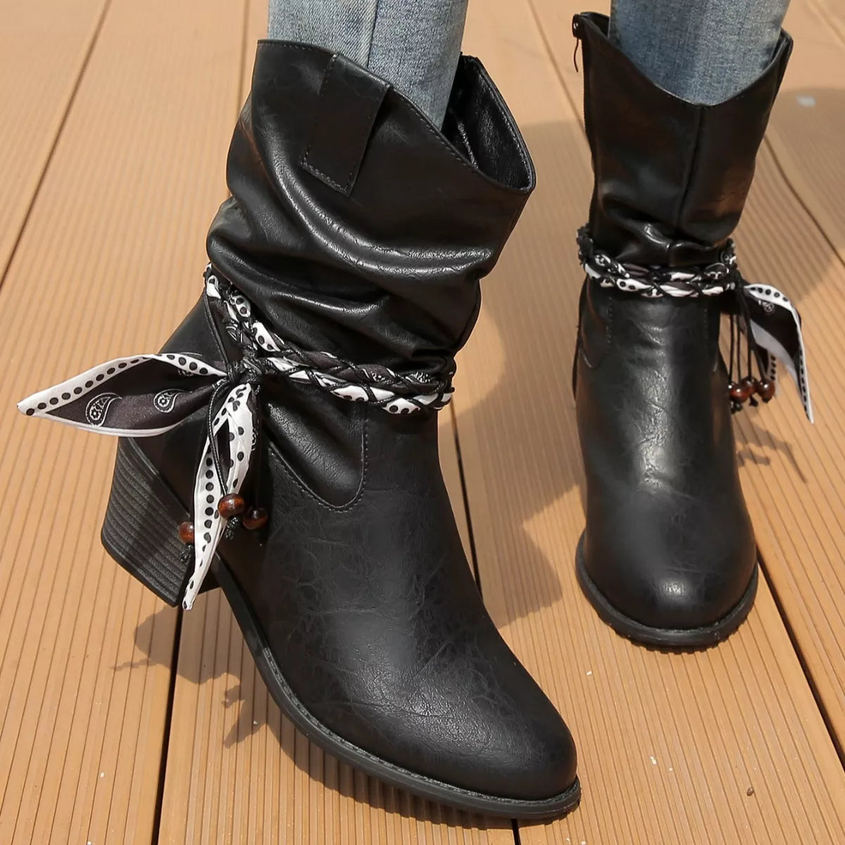 Braided Detail Western Boots - Black
