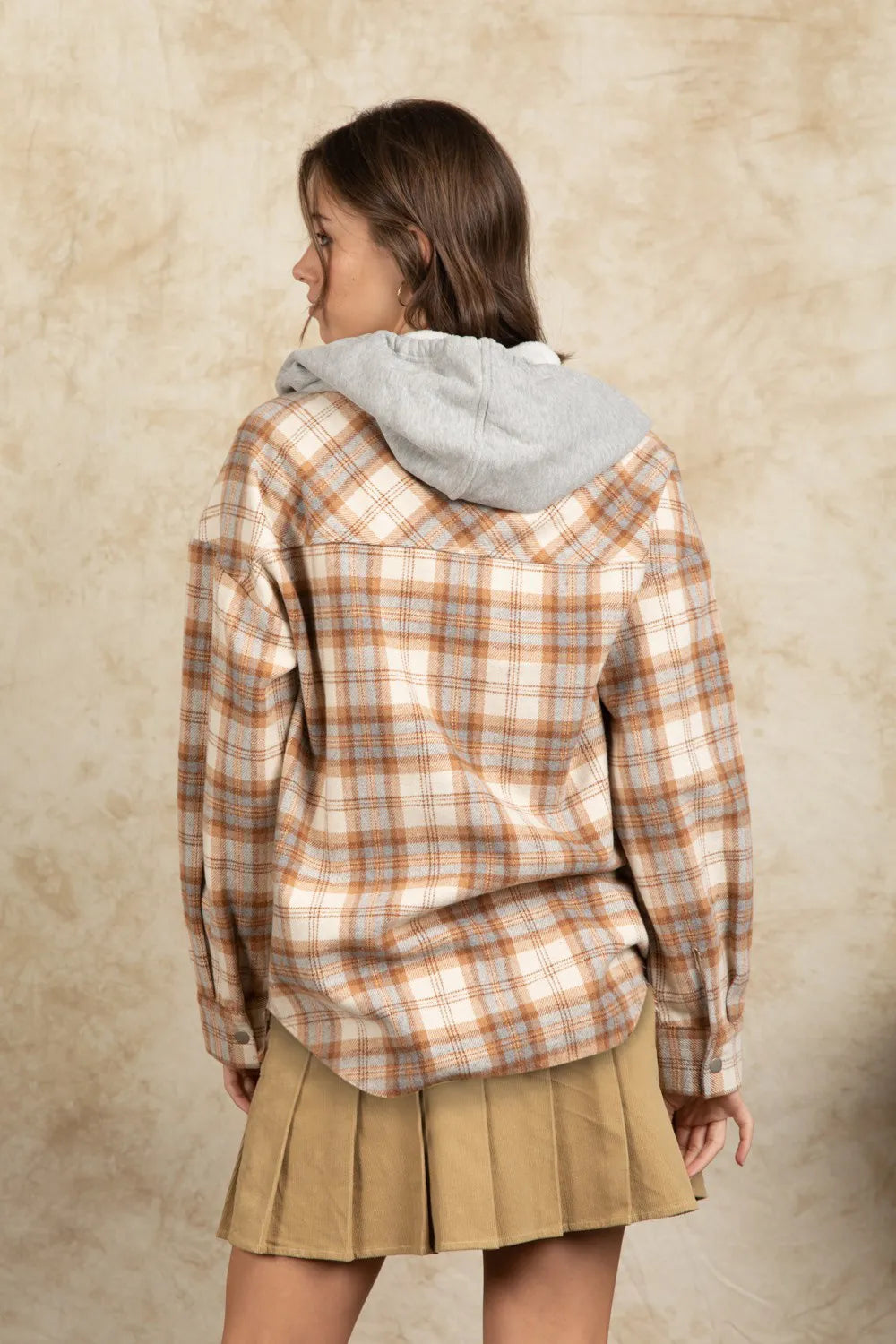 Drawstring Plaid Long Sleeve Hooded Jacket - Camel