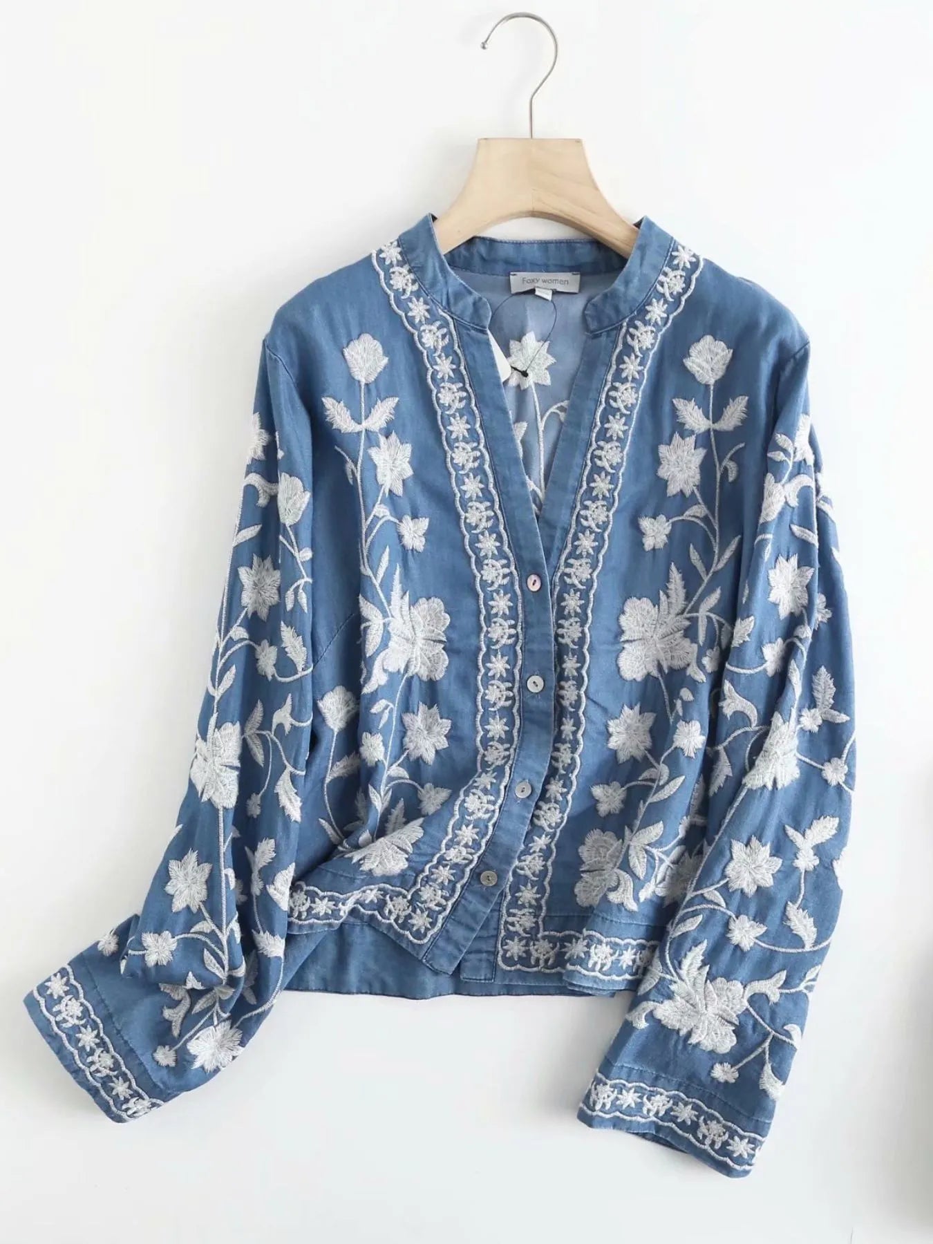 Floral Embroidered Button Up Denim Shirt -
