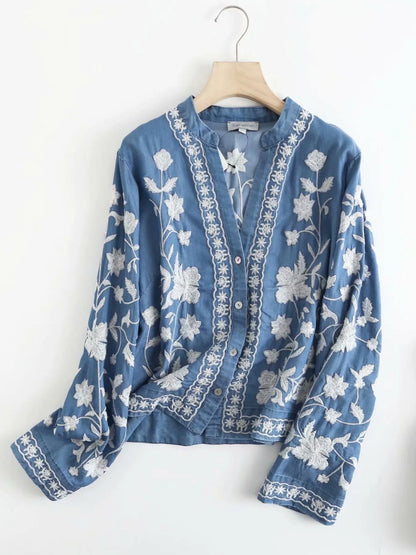 Floral Embroidered Button Up Denim Shirt -