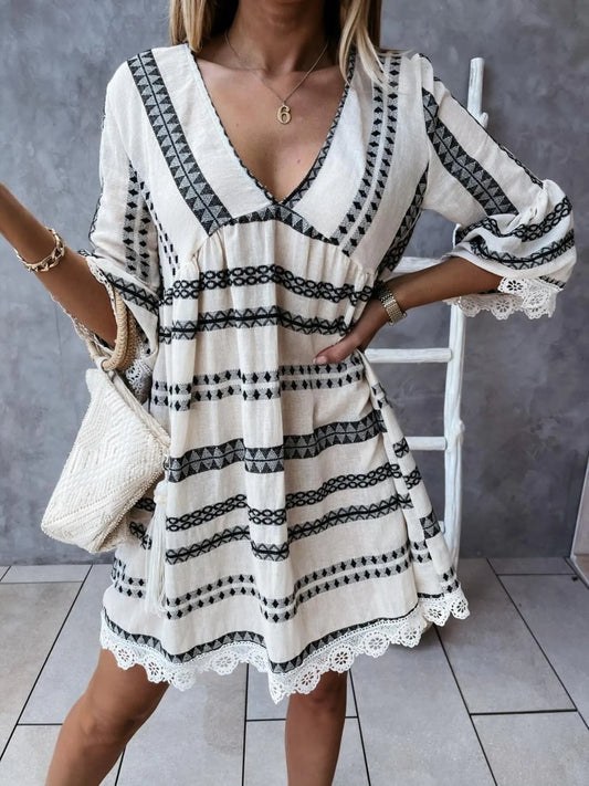 V-Neck Lace Trim Striped Babydoll Dress - Black