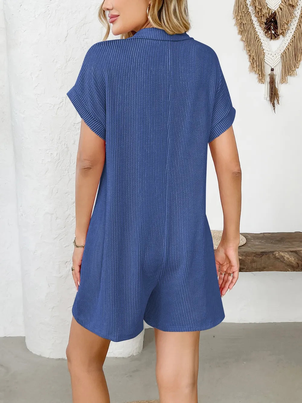 Button Detail Collared Neck Romper - Dark Blue
