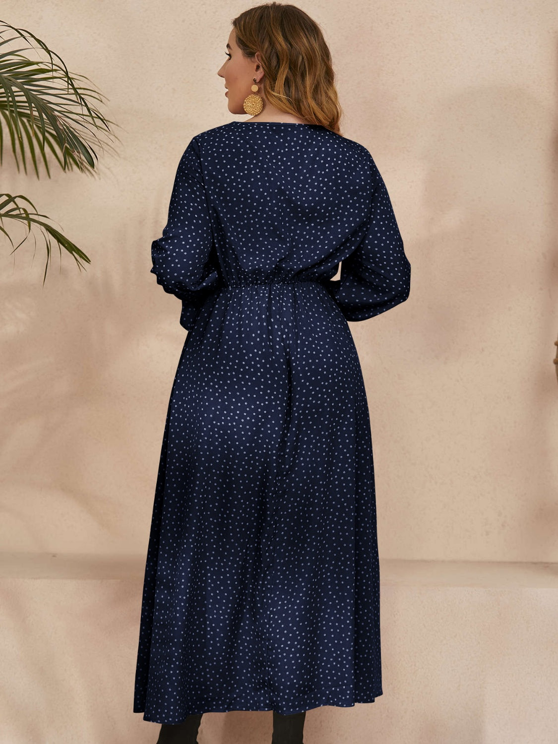 Plus Size Ruffled Polka Dot Long Sleeve Midi Dress - Navy