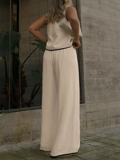 Contrast Trim Top and Wide Leg Pants Set -