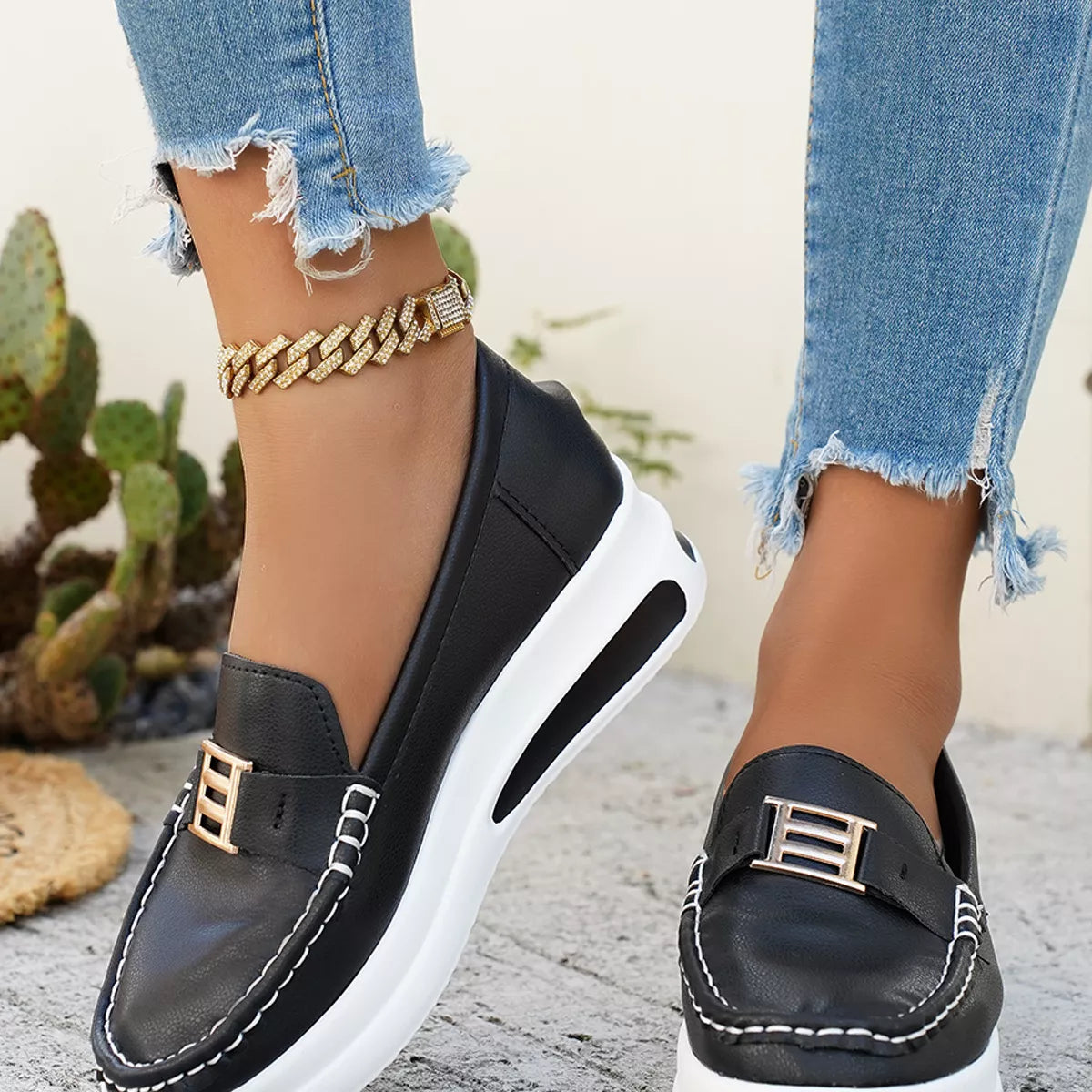 Metal Buckle Round Toe Slip-Ons -