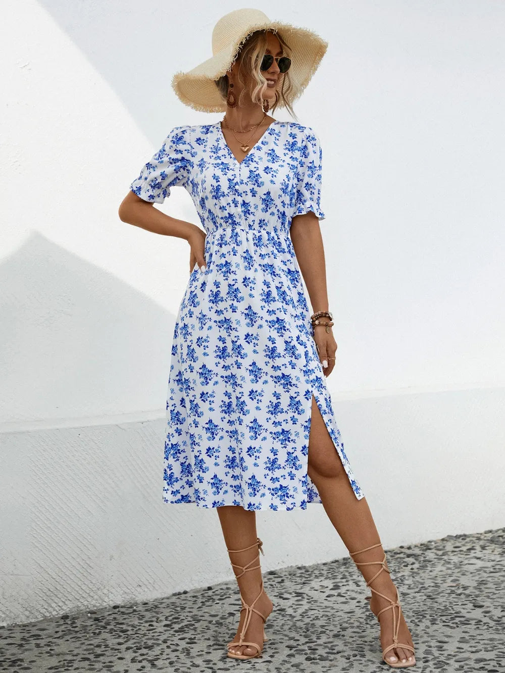 Slit Printed V-Neck Short Sleeve Dress -