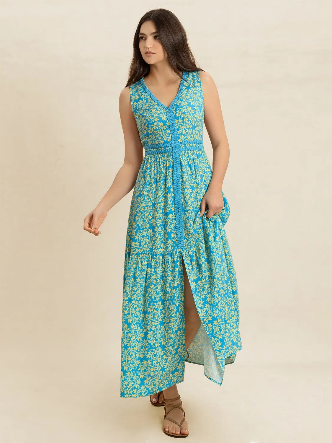 Slit Printed V-Neck Sleeveless Dress -