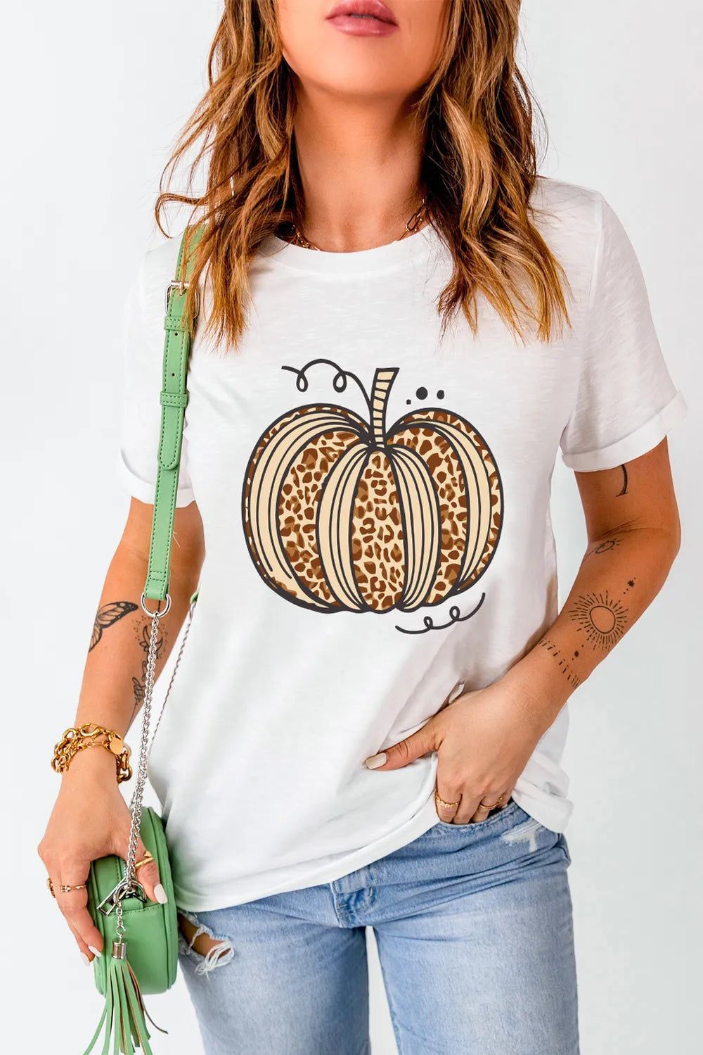 Pumpkin Round Neck Short Sleeve T-Shirt - White