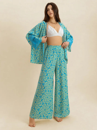 Open Front Printed Top and Pants Set - Teal