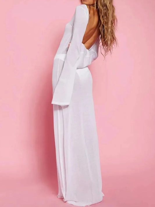 Backless Long Sleeve Maxi Cover-Up - White
